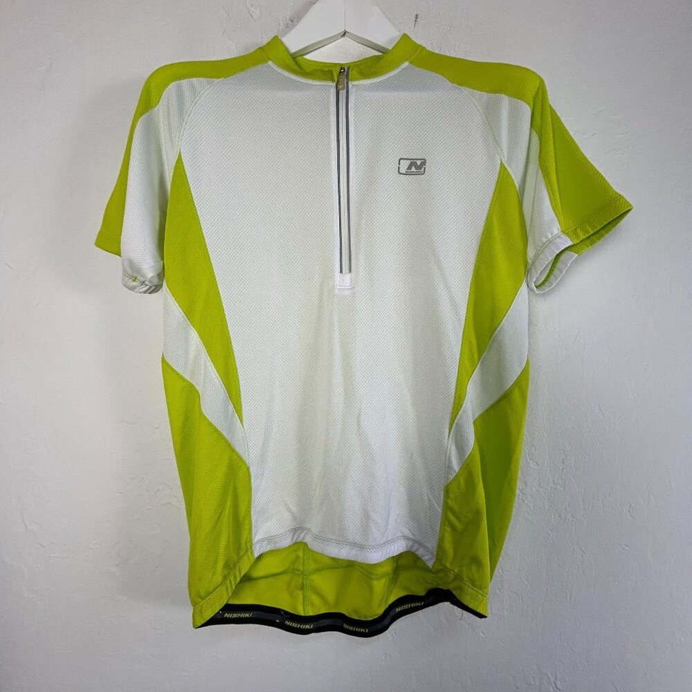 Nishiki Mens Short Sleeve 1/2 Zip Cycling Jersey Shirt Medium White/Green Pocket